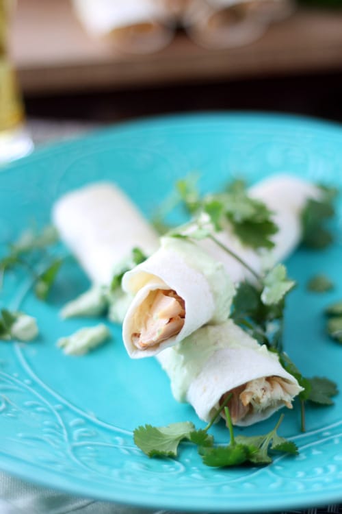 Baked Chipotle Chicken Flautas with Avocado Garlic Sour Cream Cooking