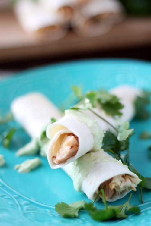 Baked Chipotle Chicken Flautas with Avocado Garlic Sour Cream Cooking