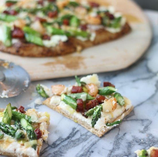 Ricotta Pizza with Crispy Pancetta, Asparagus and Shrimp Cooking for