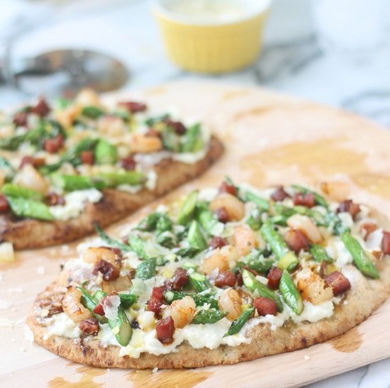Ricotta Pizza with Crispy Pancetta, Asparagus and Shrimp Cooking for