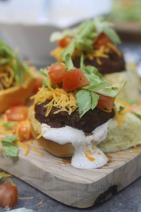 Supreme Taco Burgers with Chili Cumin Sour Cream Cooking for Keeps