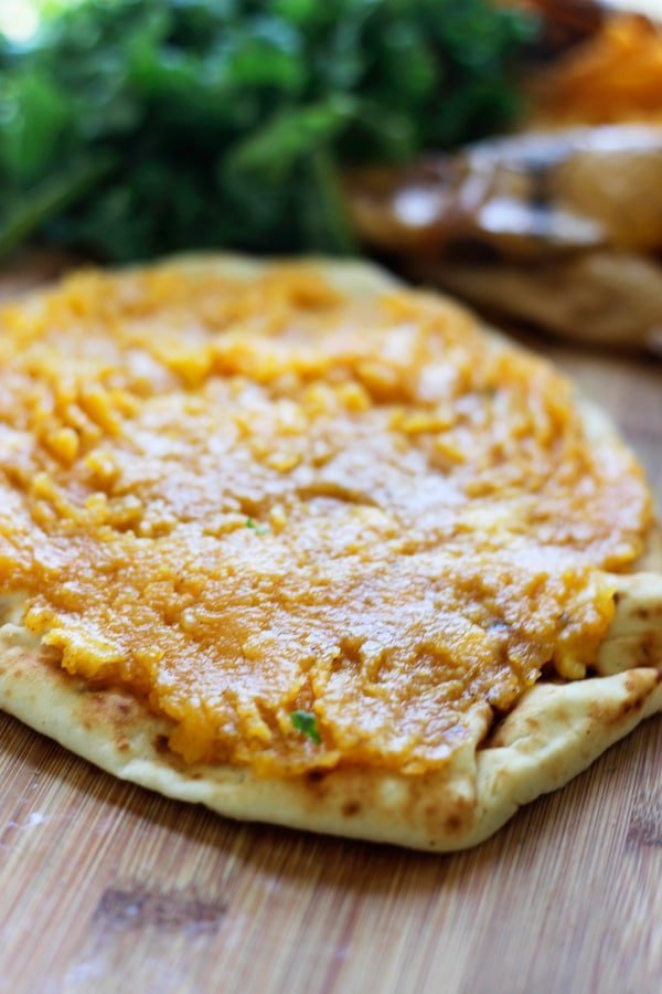 Butternut Squash and Kale Naan Pizzas with Pancetta and Goat Cheese