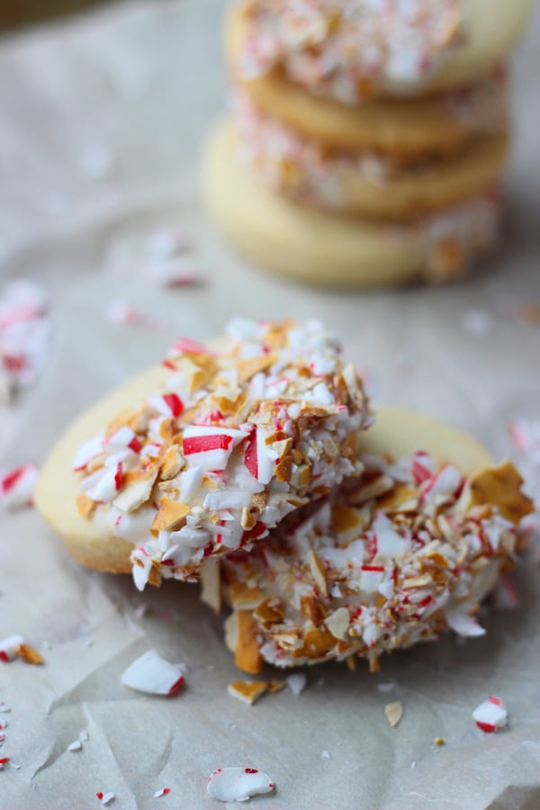 Almond Shortbread Cookies Dipped in White Chocolate, Pretzels and Peppermints 3