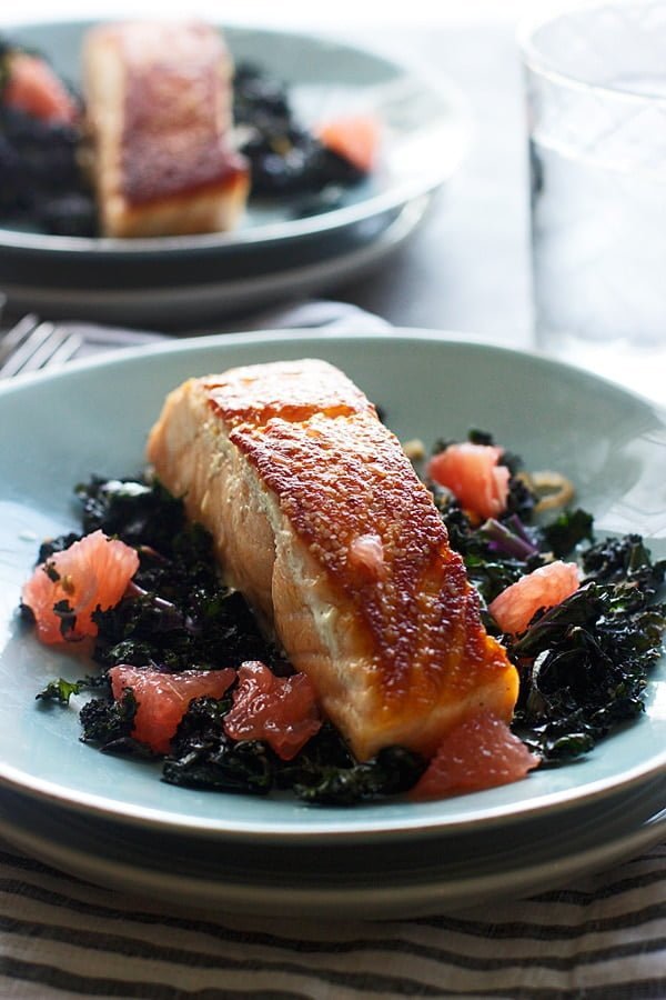 PanRoasted Salmon with Garlicky Kale and Citrus Vinaigrette Cooking