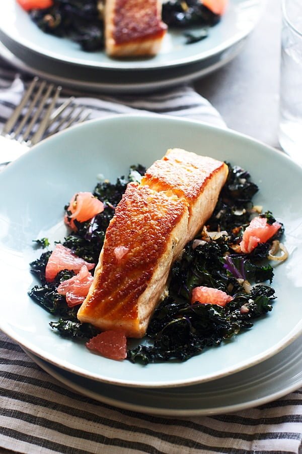 PanRoasted Salmon with Garlicky Kale and Citrus Vinaigrette Cooking