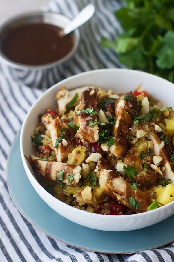 Hawaiian Quinoa Bowls with Cilantro Honey Vinaigrette and Spicy Peanut
