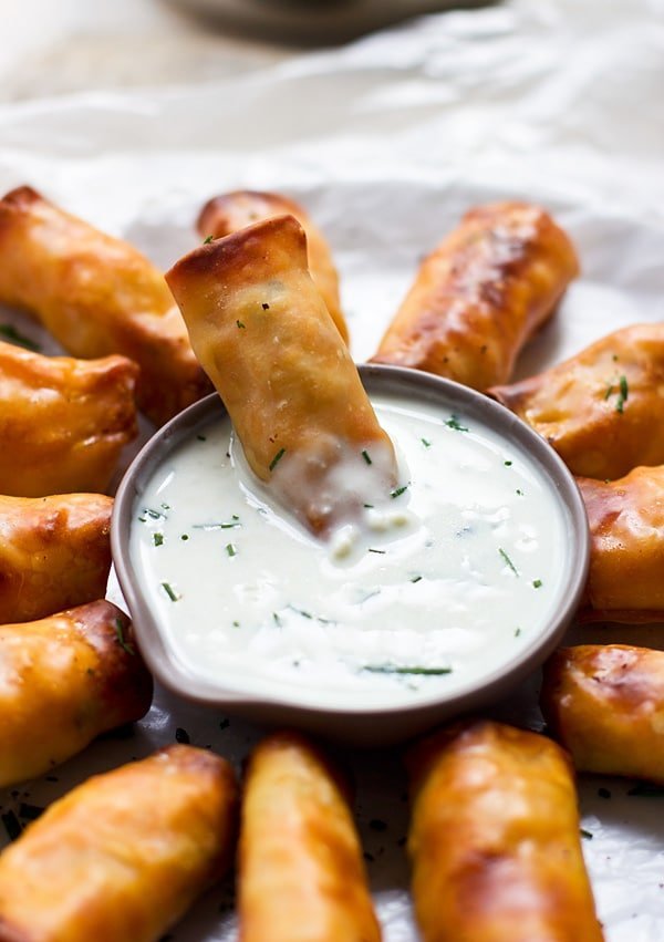 Mini Buffalo Chicken Egg Rolls with Blue Cheese Sauce 4