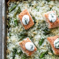 Sheet Pan Salmon and Rice with Lemon Dill Sauce