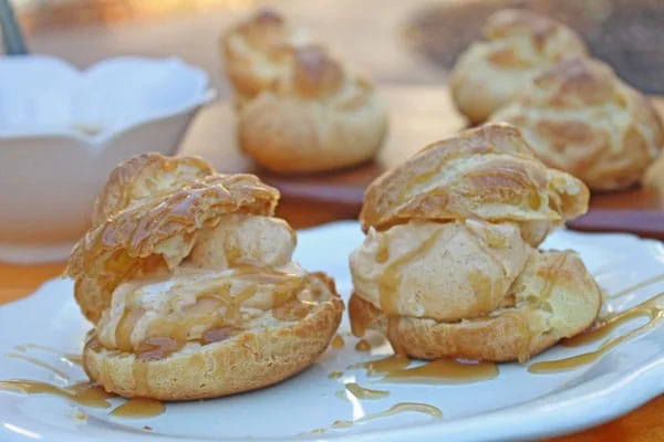Profiteroles with Pumpkin Cream and Salted Caramel Sauce