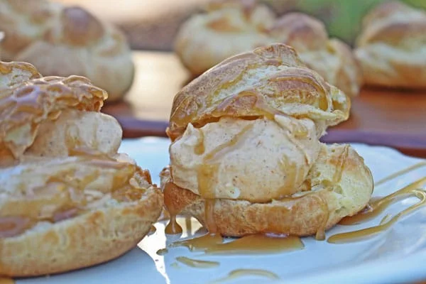 Profiteroles with Pumpkin Cream and Salted Caramel Sauce