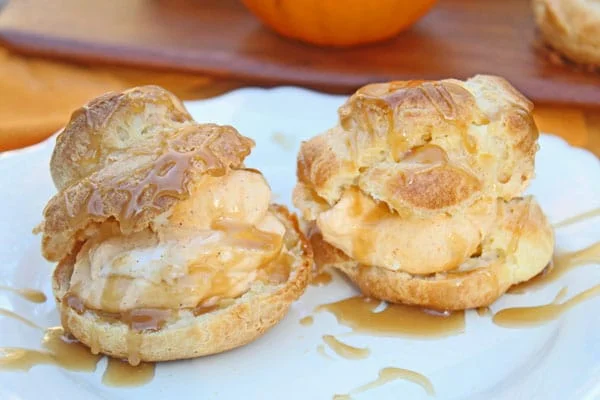 Profiteroles with Pumpkin Cream and Salted Caramel Sauce