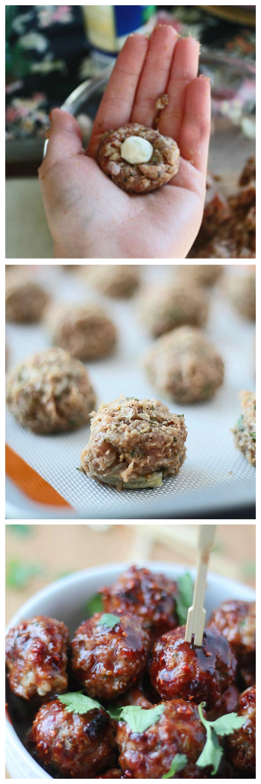 Blue Cheese Stuffed Turkey Meatballs with Raspberry Glaze - A super easy, healthy app that's a total crowd pleaser!
