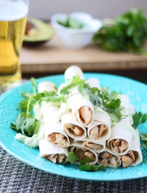 Baked Chipotle Chicken Flautas with Avocado Garlic Sour Cream Cooking