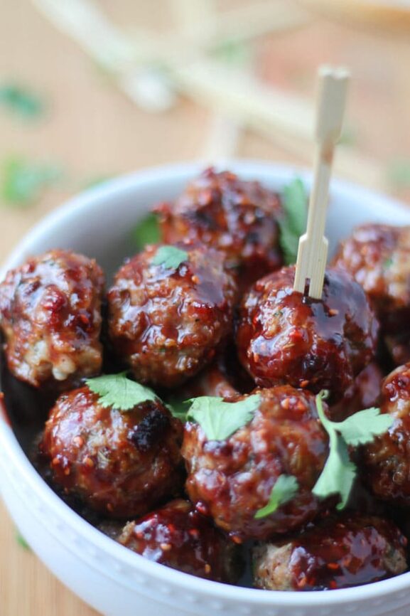 Blue Cheese Stuffed Turkey Meatballs with Raspberry Balsamic Glaze