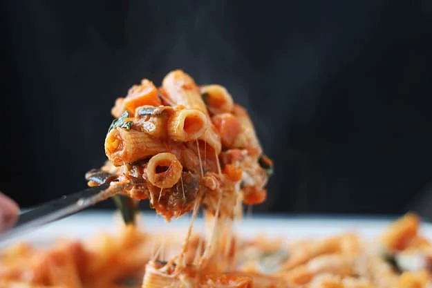 Baked Rigatoni with Eggpant, Fresh Mozzarella and Spinach