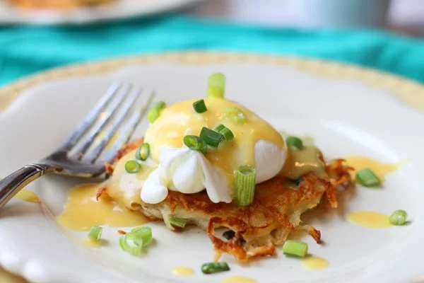 Green Onion Latkes with Poached Eggs and Hollandaise 