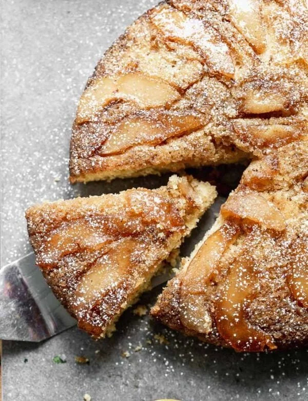 Upside-Down Pear Cake with Brown Butter. This slightly sweet fall cake is studded with nutty brown butter, warm spices, and covered with pears. Easy to make, and even easier to impress with!