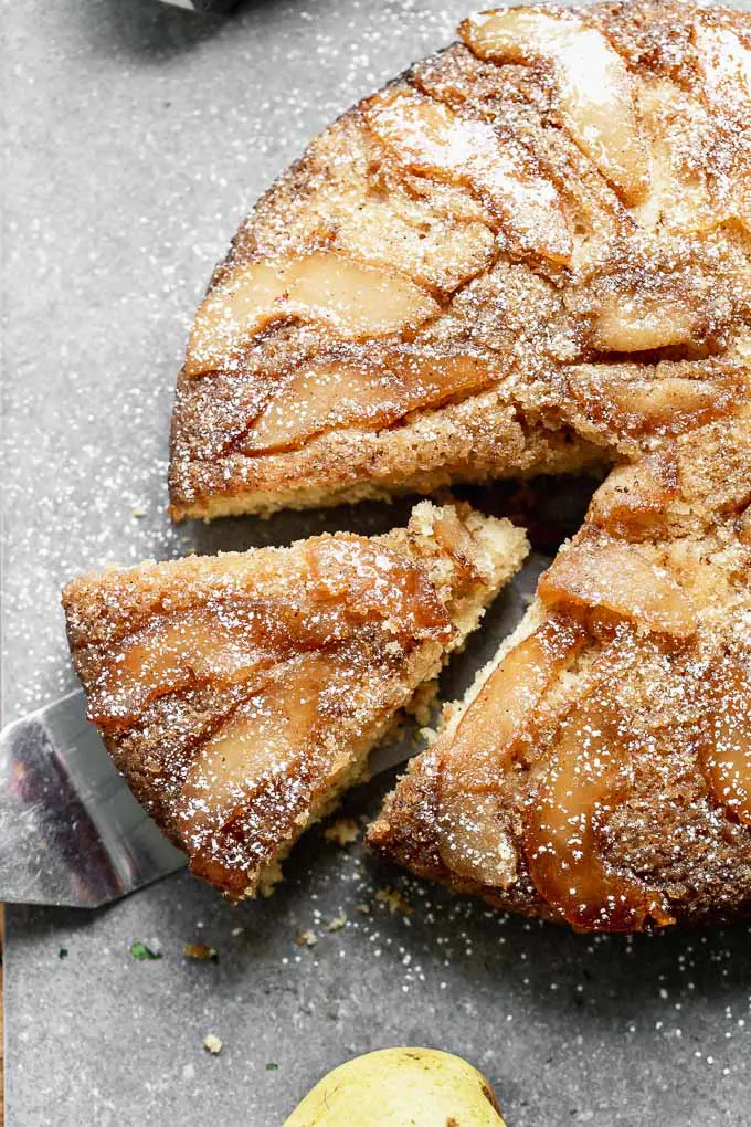 Upside-Down Pear Cake with Brown Butter. This slightly sweet fall cake is studded with nutty brown butter, warm spices, and covered with pears. Easy to make, and even easier to impress with!