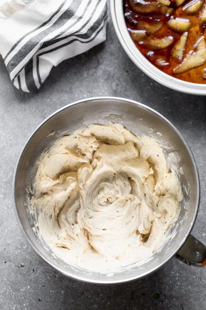 Cream butter, sugar, eggs, and vanilla together. Add buttermilk and flour. 