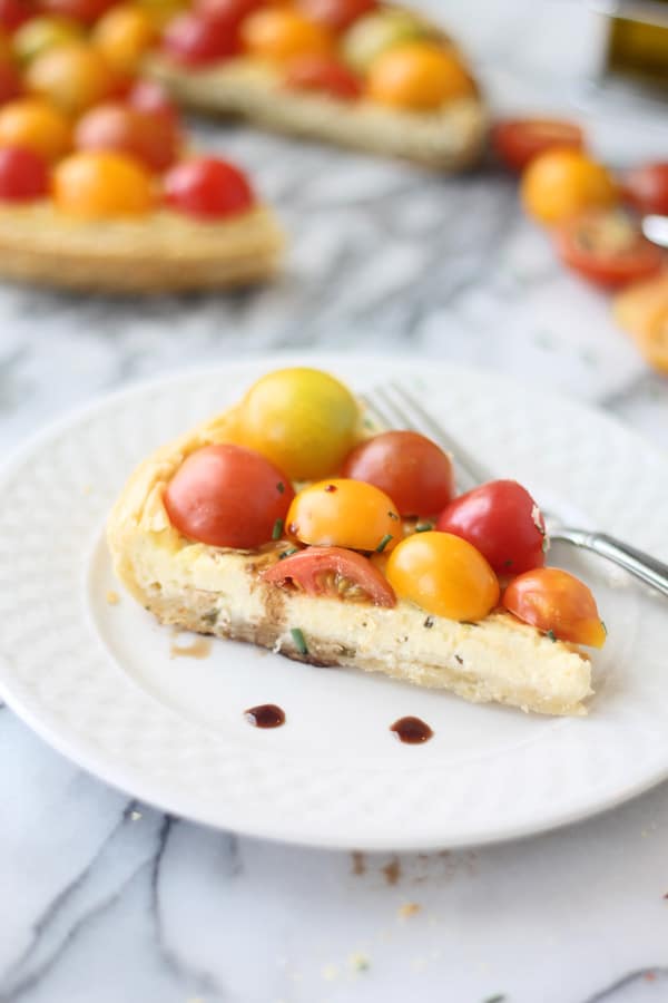 Goat Cheese Mascarpone Tart with Cherry Tomatoes and Balsamic Drizzle