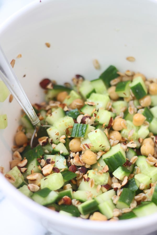 Cucumber Salad with Chickpeas, Farro and Hazlenuts