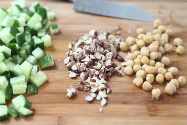 Cucumber Salad with Chickpeas, Farro and Hazlenuts