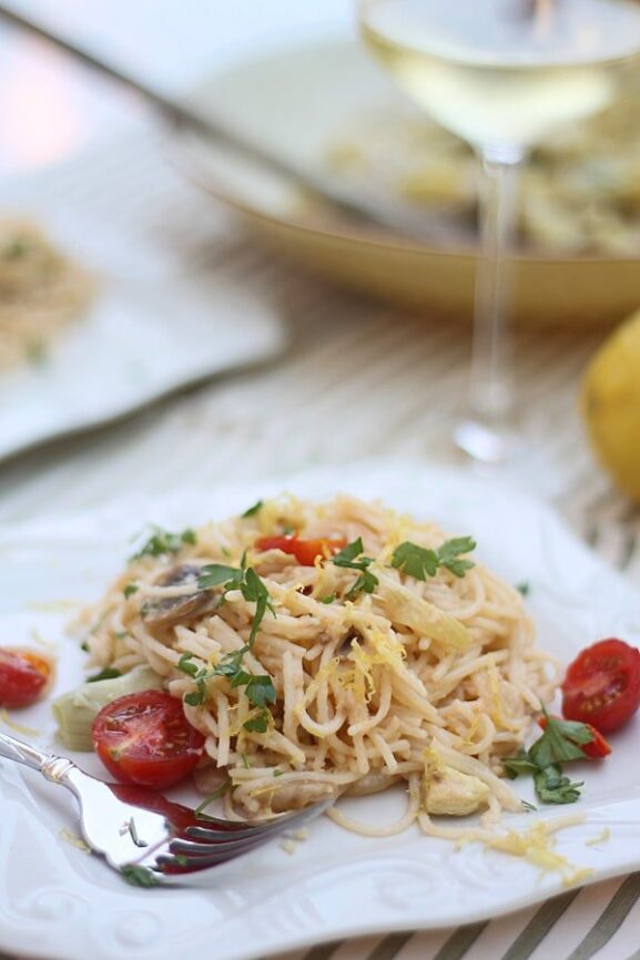 Creamy Lemon Pasta with Artichokes and Cherry Tomatoes Cooking for Keeps