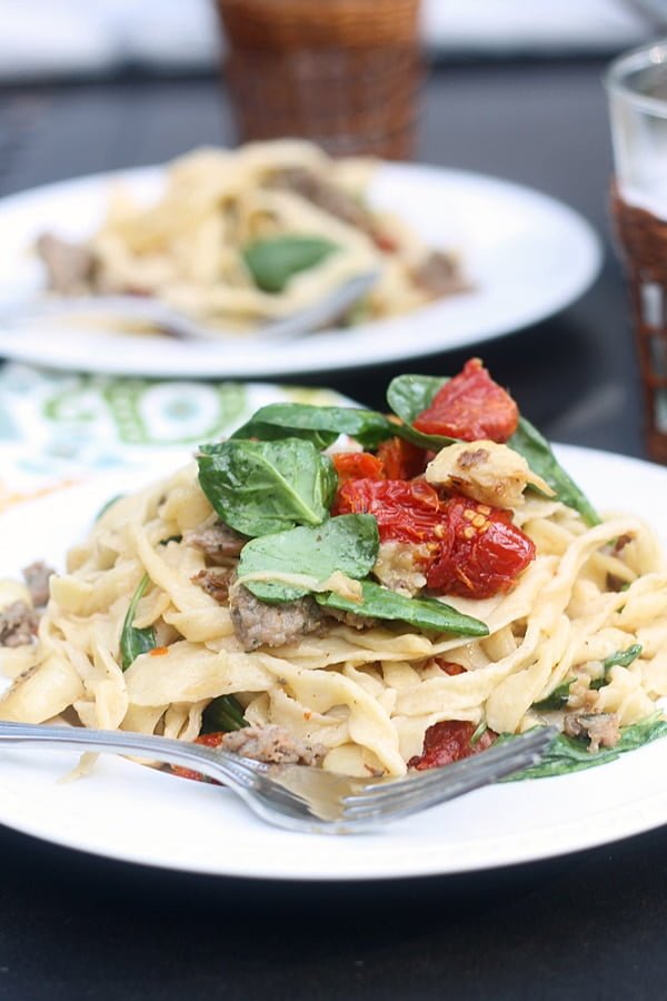 Fresh Fettuccine with Sun-dried Tomatoes, Roasted Garlic and Turkey Italian Sausage in a Sweet Sage Vermouth Sauce