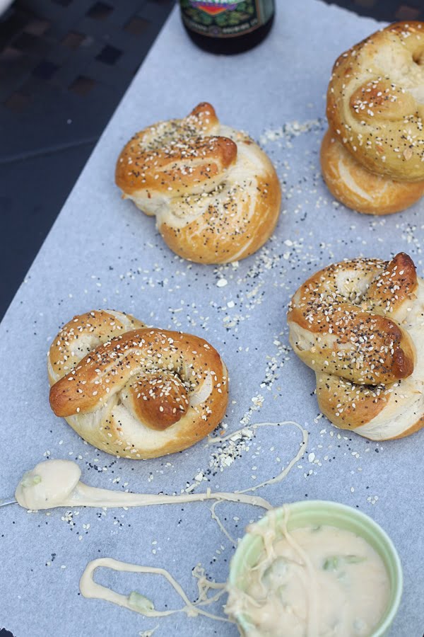 Everything Pretzels with Aged Monterey Jack, Pale Ale and Hatch Pepper Fondue