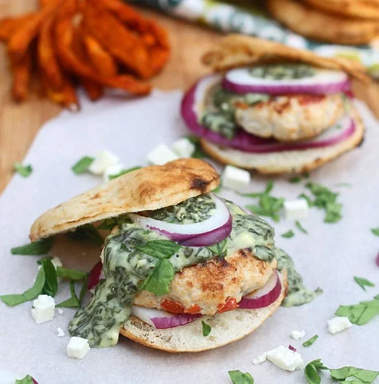 Spanakopita Chicken Burgers on Charred Pita Rounds