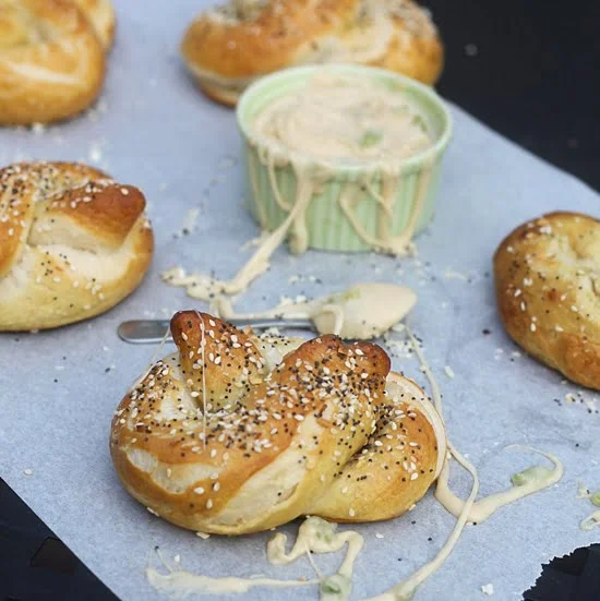 Everything Pretzels with Aged Monterey Jack, Pale Ale and Hatch Pepper Fondue