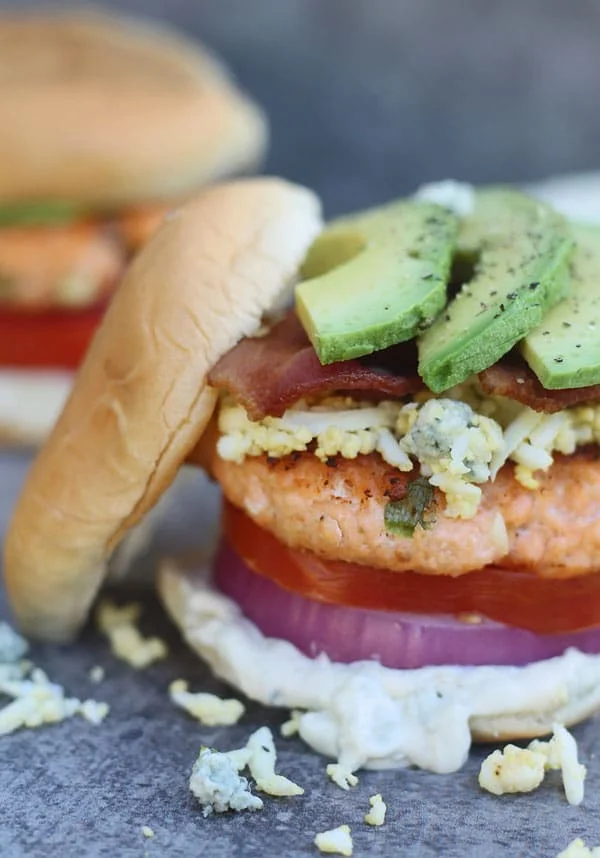 Cobb Salad Salmon Burgers with Blue Cheese Mayo 