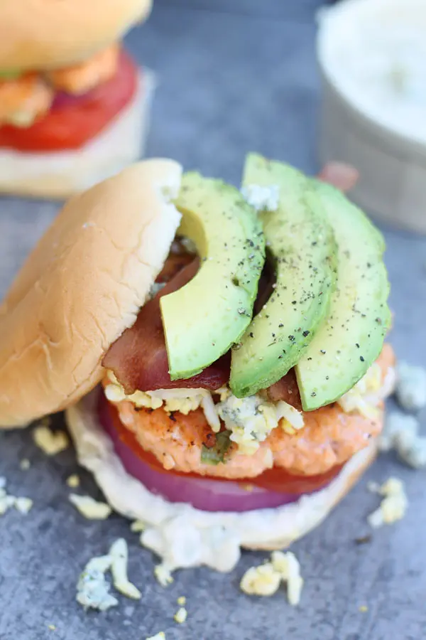 Cobb Salad Salmon Burgers with Blue Cheese Mayo