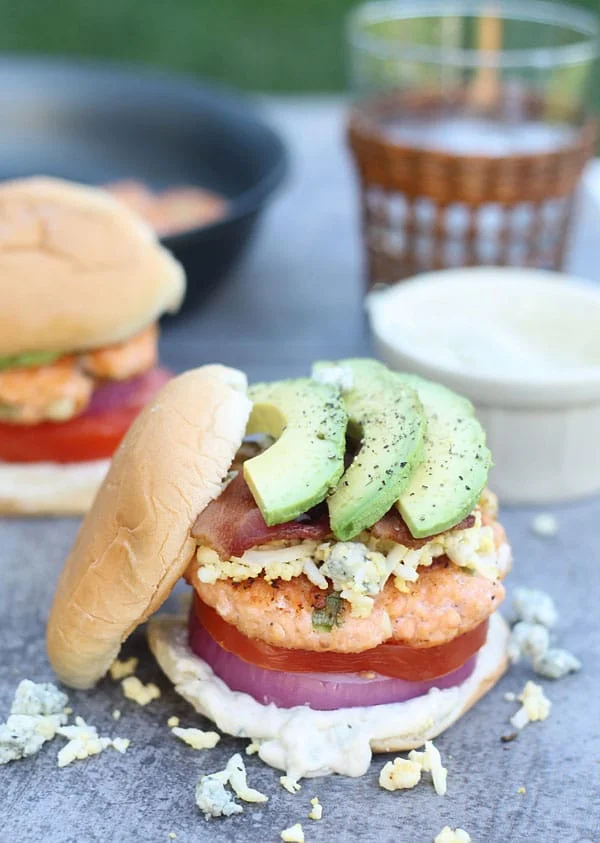 Cobb Salad Salmon Burgers with Blue Cheese Mayo