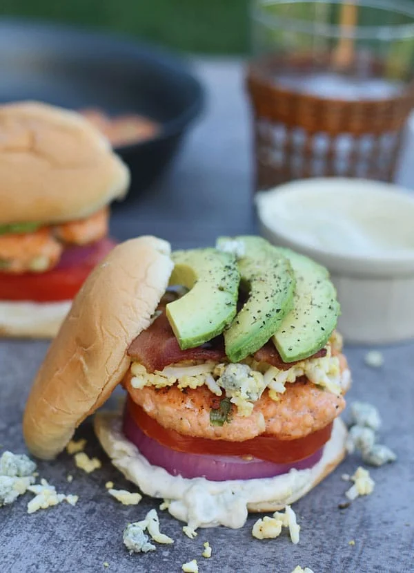 Cobb Salad Salmon Burgers with Blue Cheese Mayo 