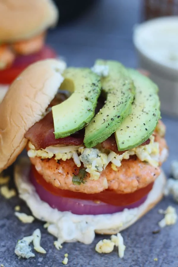 Cobb Salad Salmon Burgers with Blue Cheese Mayo