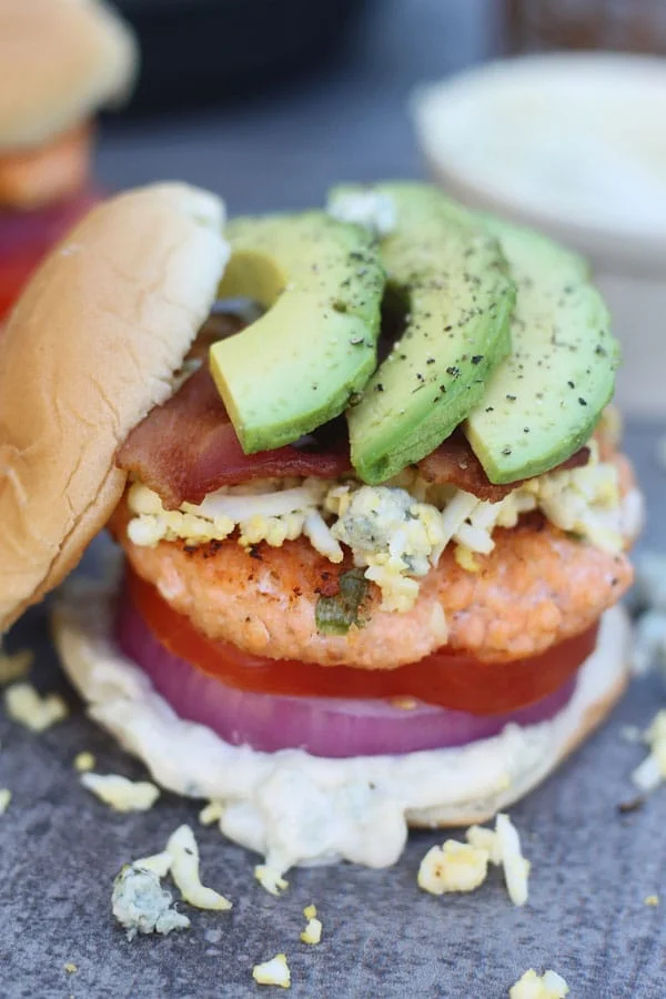 Cobb Salad Salmon Burgers with Blue Cheese Mayo 