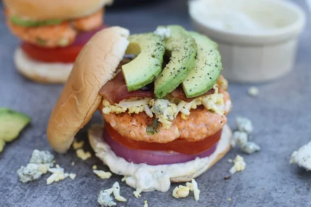 Cobb Salad Salmon Burgers with Blue Cheese Mayo