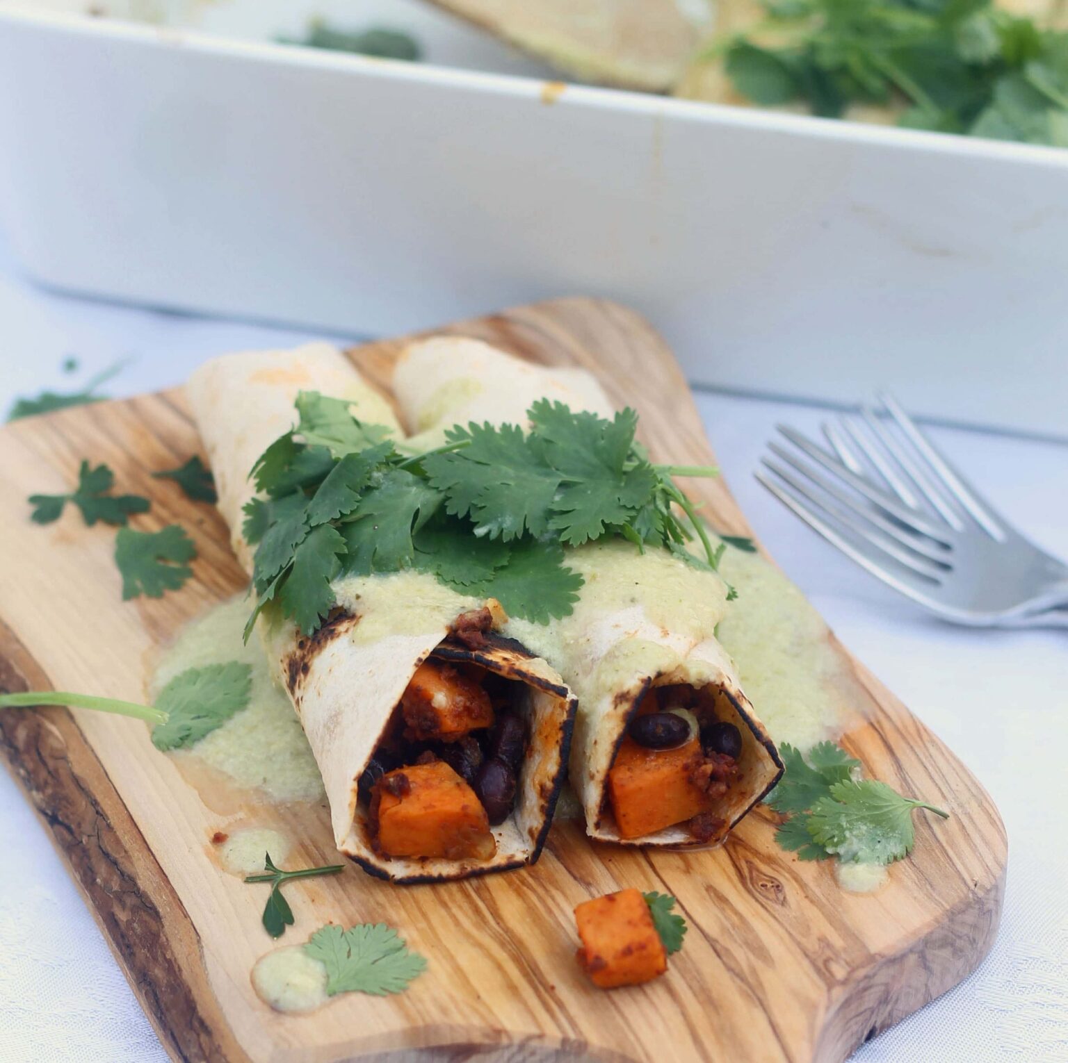 Healthy Sweet Potato, Chorizo and Black Bean Enchiladas with Poblano