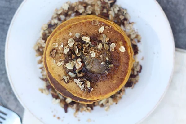 Pumpkin Pancakes with Brown Butter and Pecan Streusel 