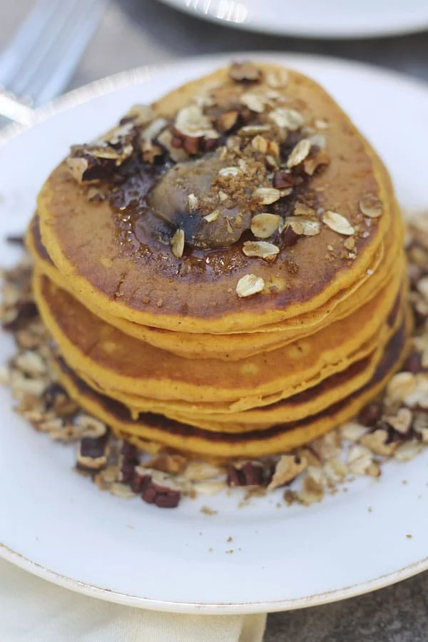 Pumpkin Pancakes with Brown Butter and Pecan Streusel 