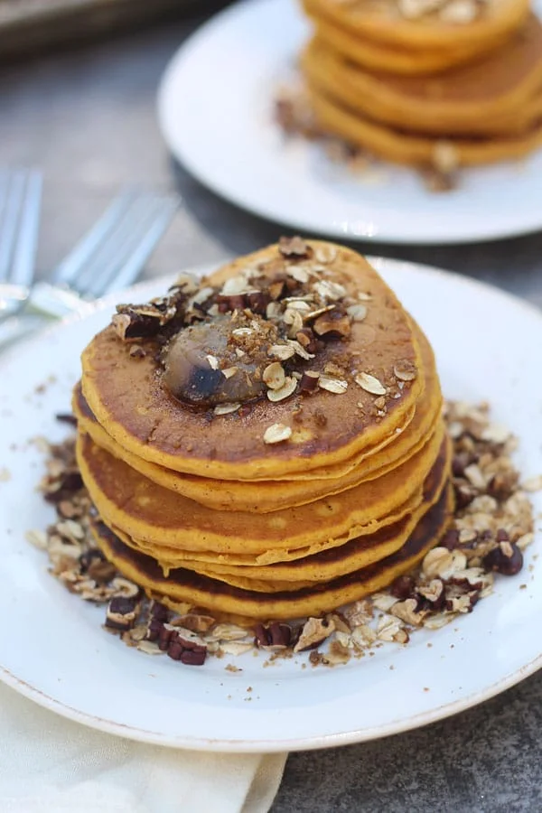 Pumpkin Pancakes with Brown Butter and Pecan Streusel 
