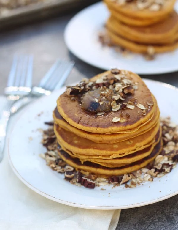 Pumpkin Pancakes with Brown Butter and Pecan Streusel 