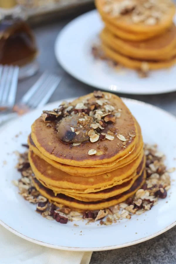 Pumpkin Pancakes with Brown Butter and Pecan Streusel