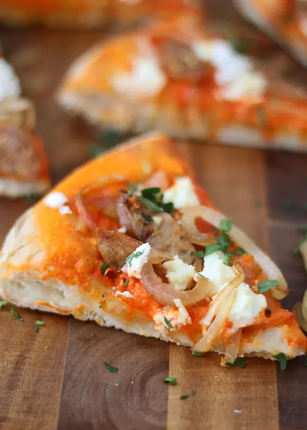 Roasted Red Pepper Pizza with Goat Cheese, Chicken Sausage and Carmelized Onions 1