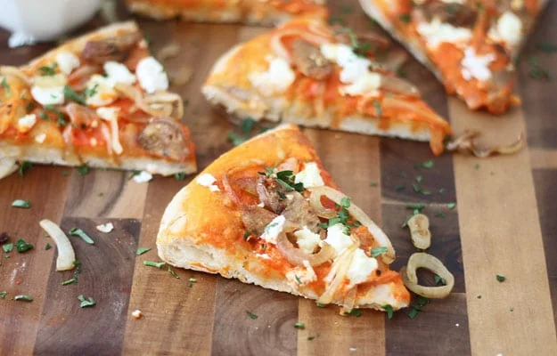 Roasted Red Pepper Pizza with Goat Cheese, Chicken Sausage and Carmelized Onions 2