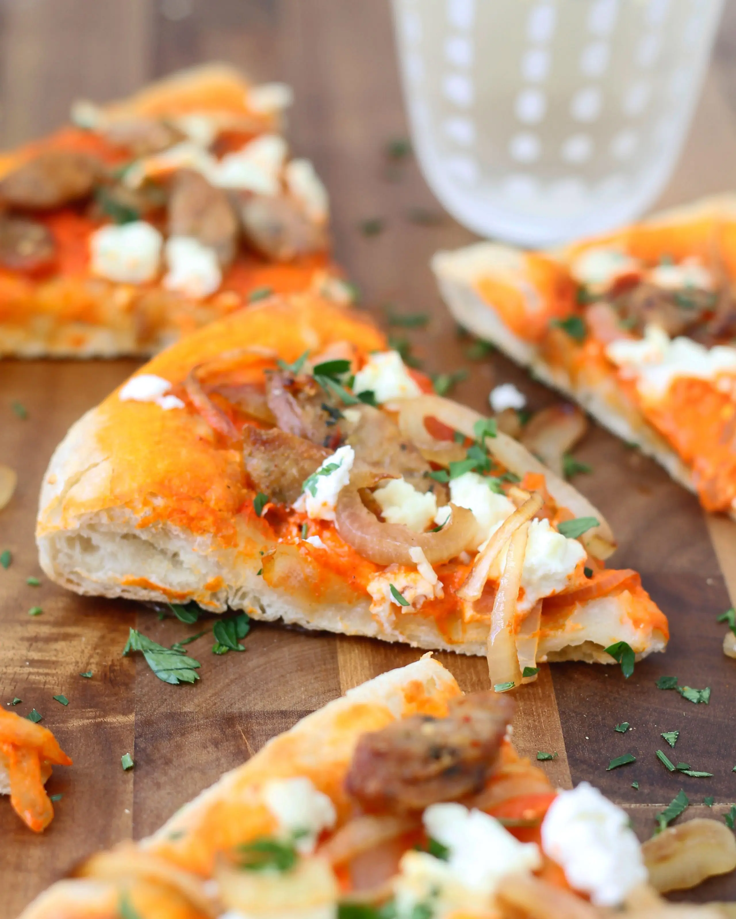 Roasted Red Pepper Pizza with Goat Cheese, Chicken Sausage and Carmelized Onions 3