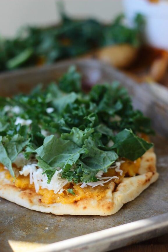 Butternut Squash and Kale Naan Pizzas with Pancetta and Goat Cheese
