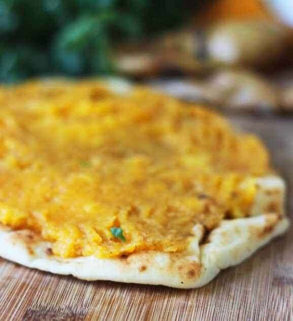 Butternut Squash and Kale Naan Pizzas with Pancetta and Goat Cheese