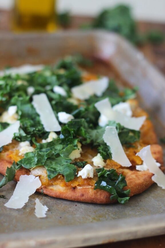Butternut Squash and Kale Naan Pizzas with Pancetta and Goat Cheese